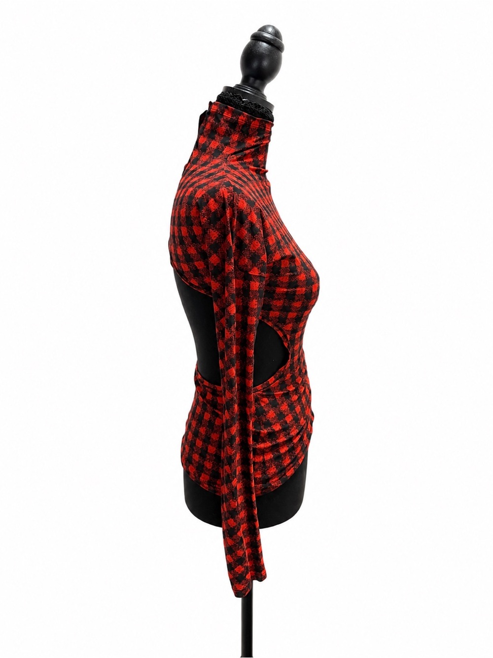 GILMAR Made In Italy Red Black Buffalo Plaid Open Back Turtle Neck Top NWT - Picture 6 of 11